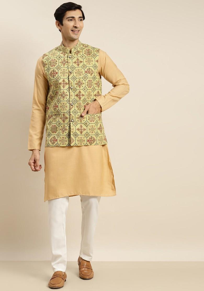 Gold Solid Cotton Kurta Set For Men