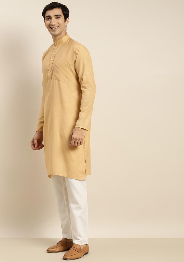 Gold Solid Cotton Kurta Set For Men