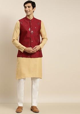 Gold Mirror Work Cotton Kurta Set For Men
