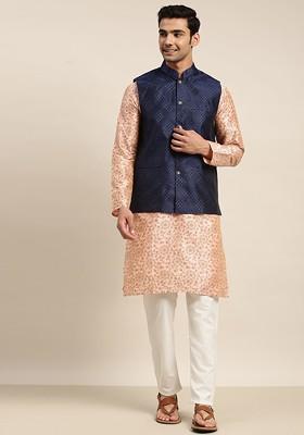 Pink Thread Work Poly Blend Kurta Set For Men