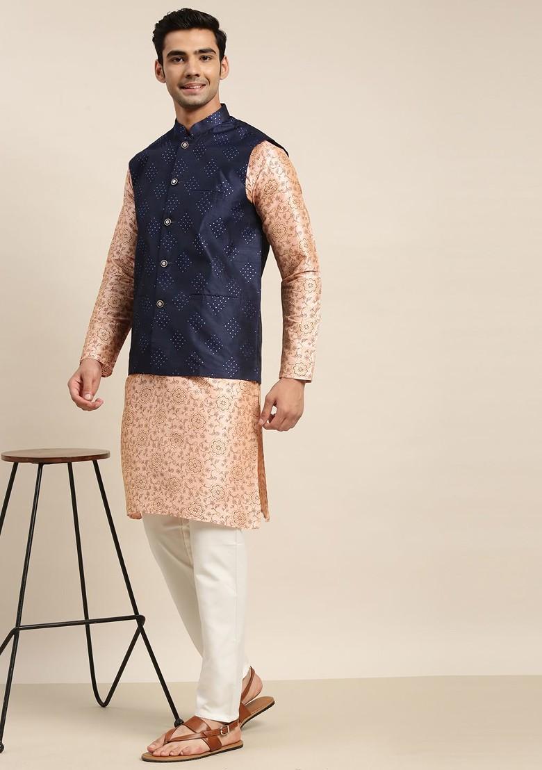 Pink Thread Work Poly Blend Kurta Set For Men