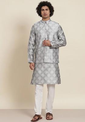 Grey Solid Poly Blend Kurta Set For Men