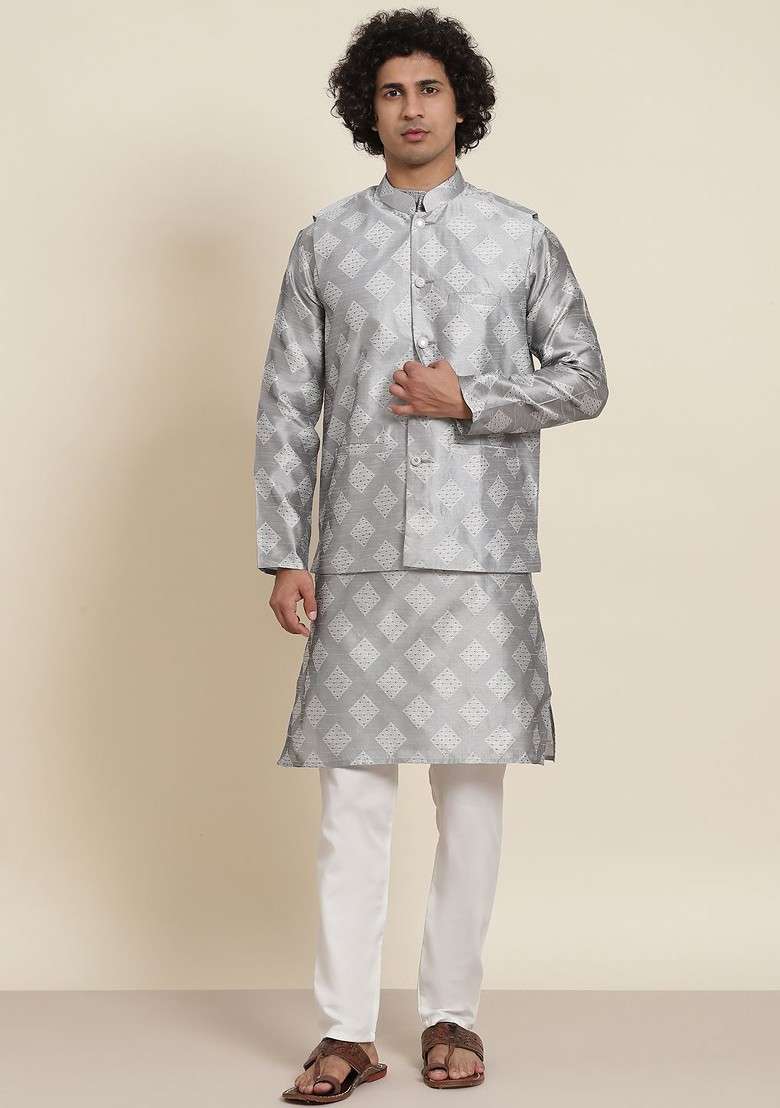 Grey Solid Poly Blend Kurta Set For Men - Indya