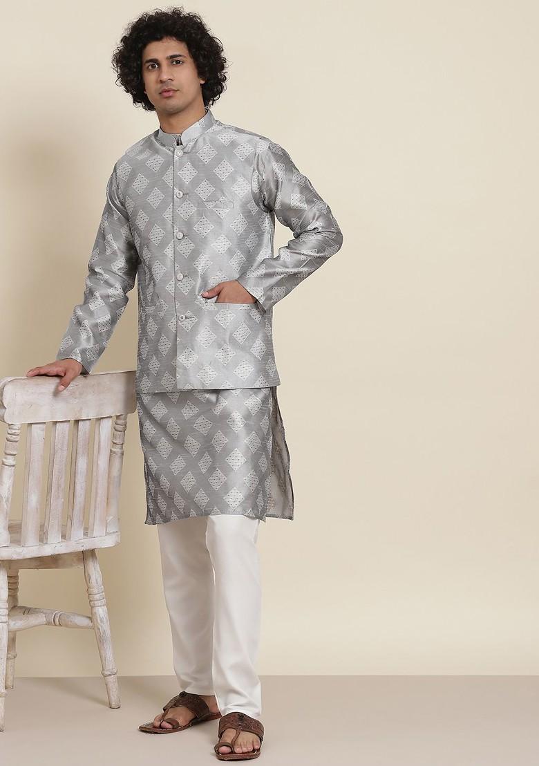 Grey Solid Poly Blend Kurta Set For Men
