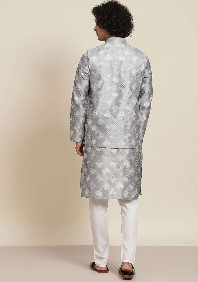 Grey Solid Poly Blend Kurta Set For Men - Indya