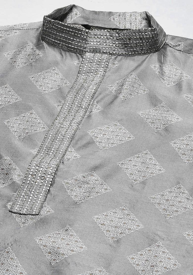 Grey Solid Poly Blend Kurta Set For Men
