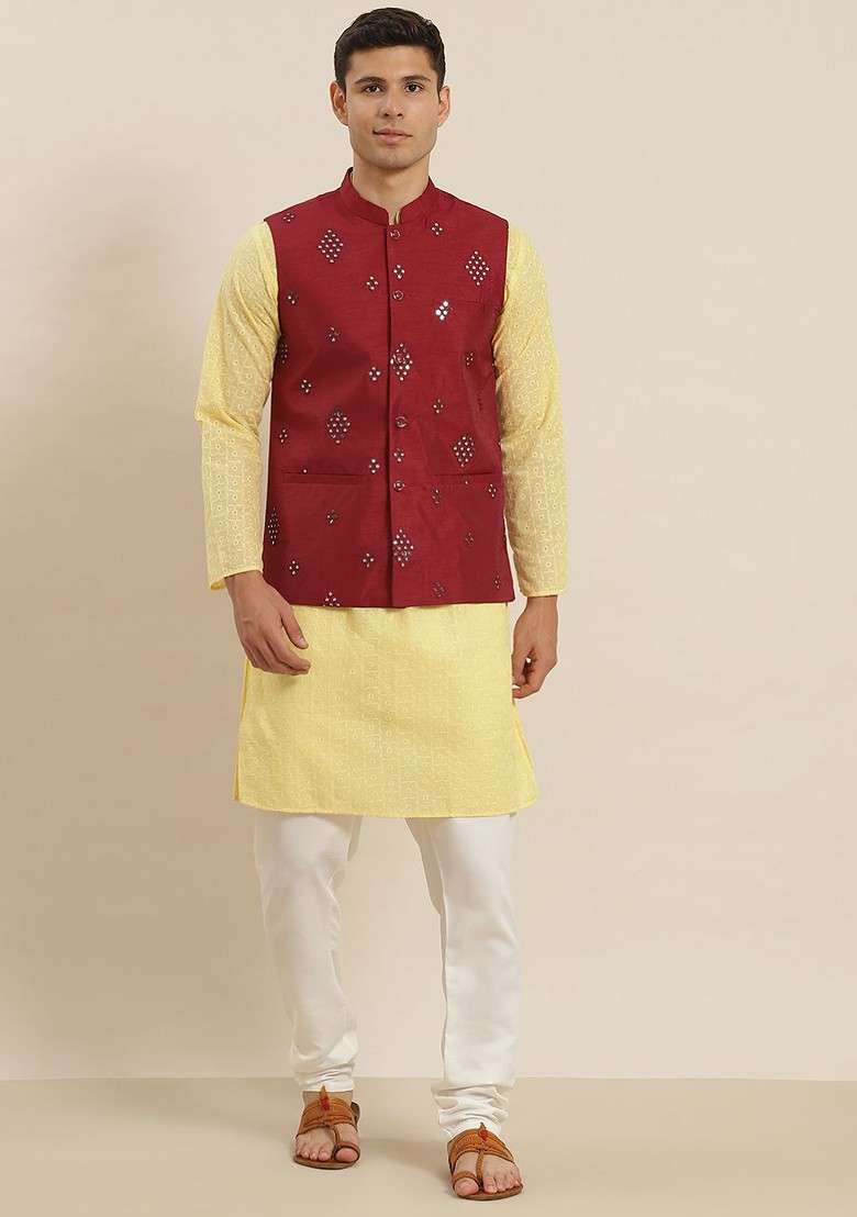 Beige Floral Print Cotton Kurta Set For Men - Indya