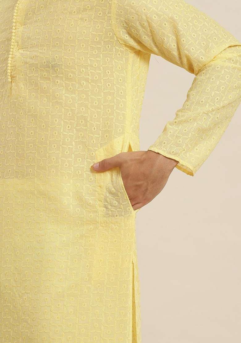 Beige Floral Print Cotton Kurta Set For Men - Indya