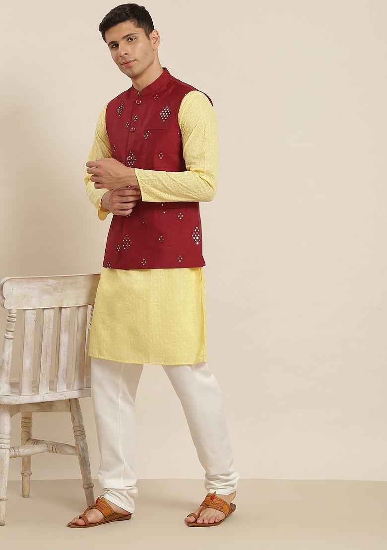 Beige Floral Print Cotton Kurta Set For Men