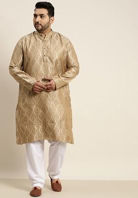 Beige Solid Jacquard Kurta Set For Men