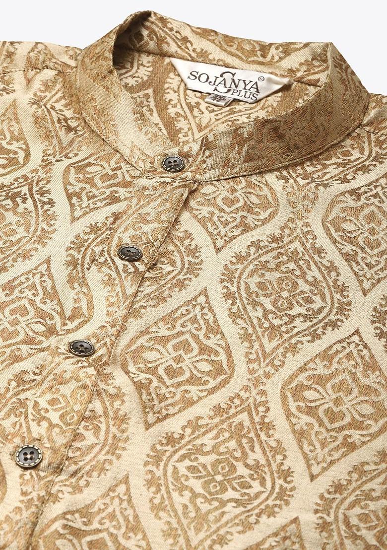 Beige Solid Jacquard Kurta Set For Men
