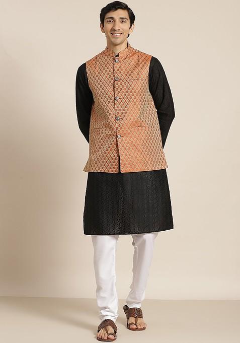 Black Ethnic Motifs Cotton Kurta Set For Men