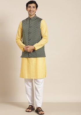 Yellow Chikankari Cotton Kurta Set For Men