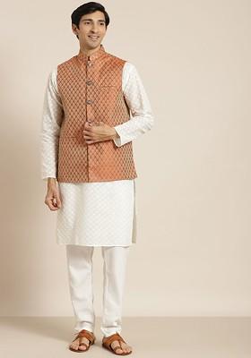 Cream Chikankari Cotton Kurta Set For Men