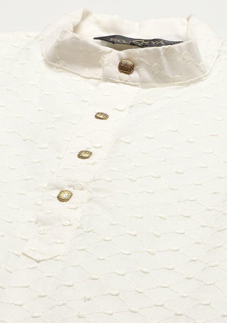 Cream Chikankari Cotton Kurta Set For Men