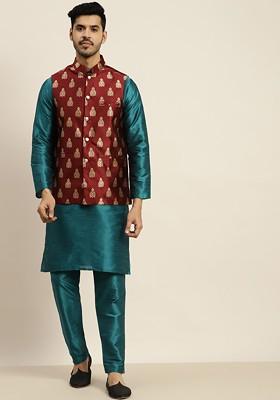 Teal Blue Solid Poly Blend Kurta Set For Men