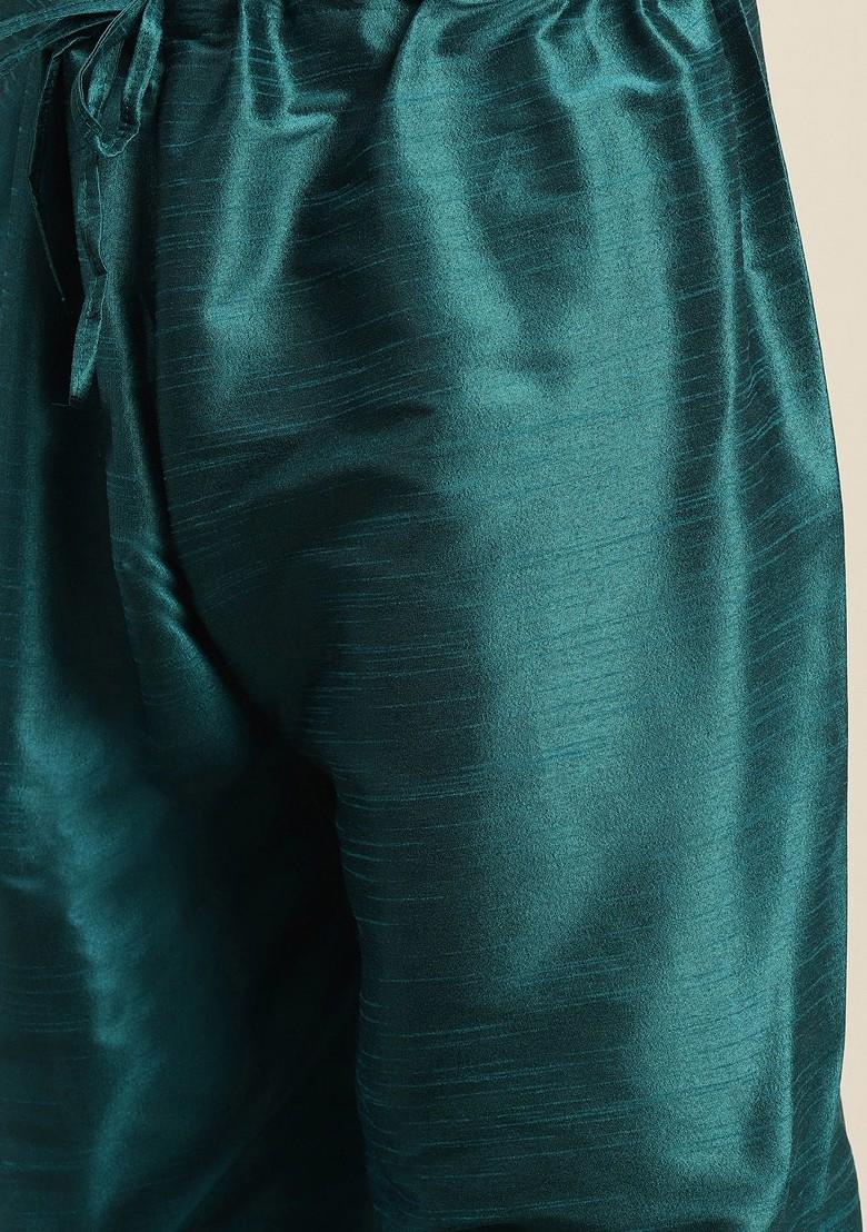Teal Blue Solid Poly Blend Kurta Set For Men