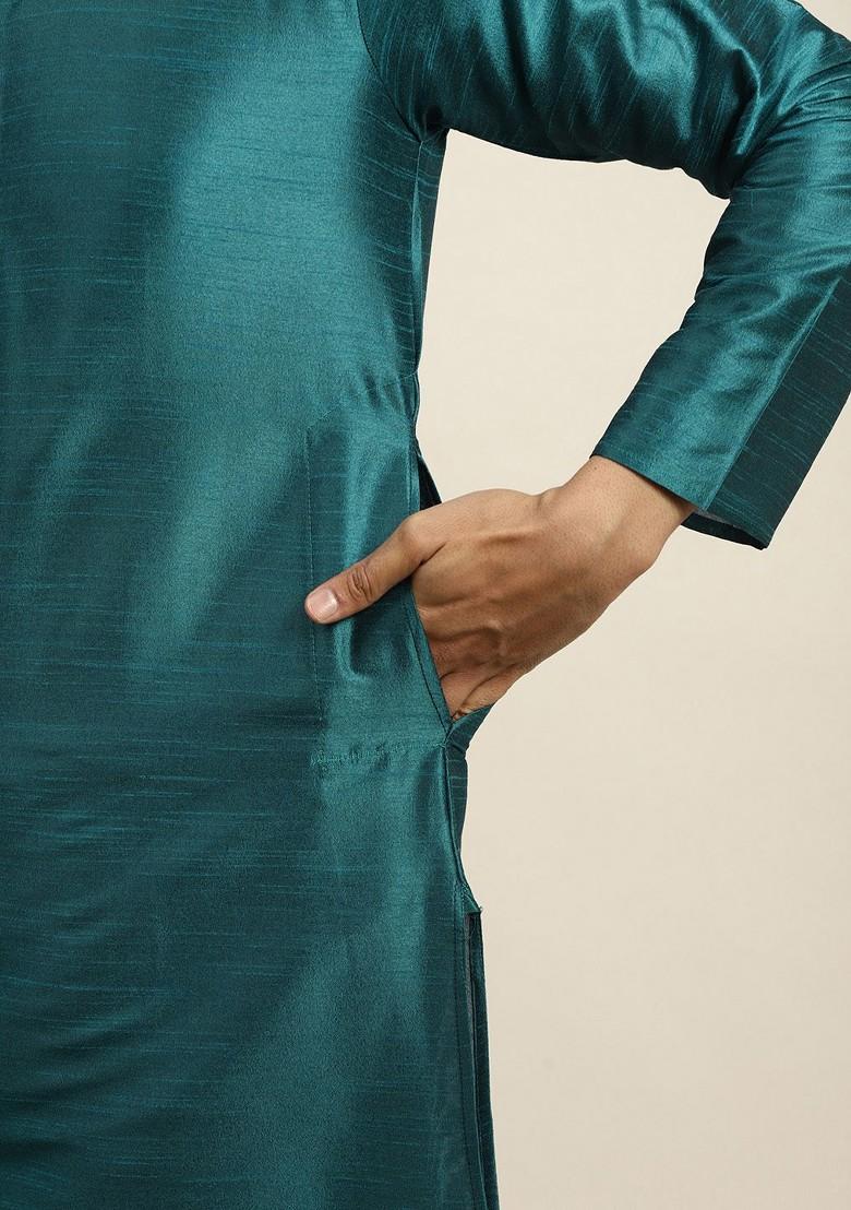 Teal Blue Solid Poly Blend Kurta Set For Men