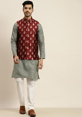 Teal Blue Ethnic Motifs Poly Blend Kurta Set For Men