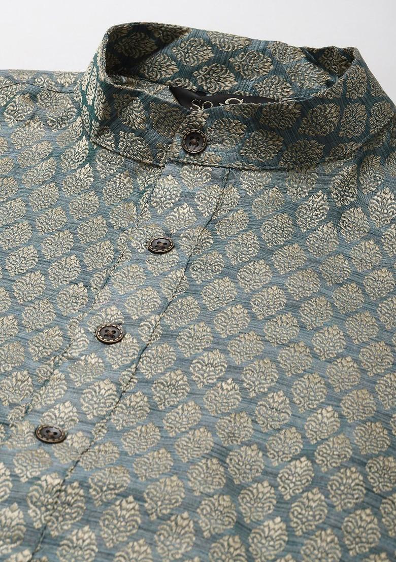 Teal Blue Ethnic Motifs Poly Blend Kurta Set For Men