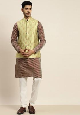 Maroon Ethnic Motifs Poly Blend Kurta Set For Men