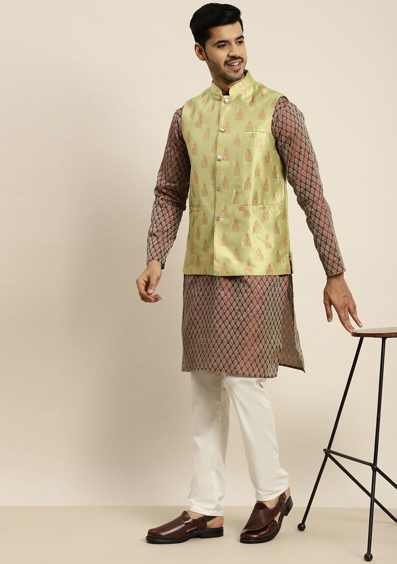 Maroon Ethnic Motifs Poly Blend Kurta Set For Men