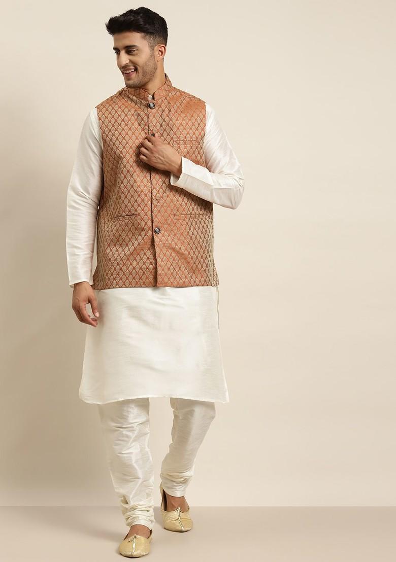 Off White Solid Poly Blend Kurta Set For Men