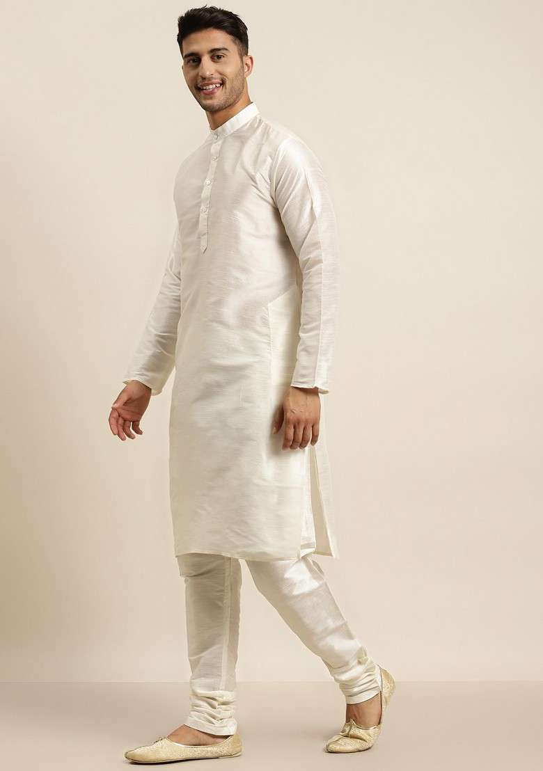 Off White Solid Poly Blend Kurta Set For Men - Indya