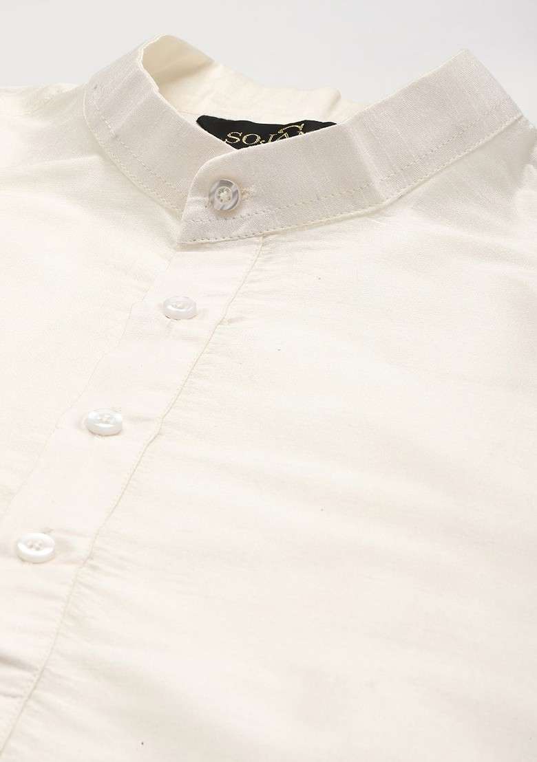 Off White Solid Poly Blend Kurta Set For Men - Indya