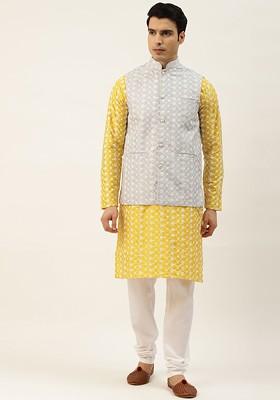 Yellow Thread Work Poly Blend Kurta Set For Men