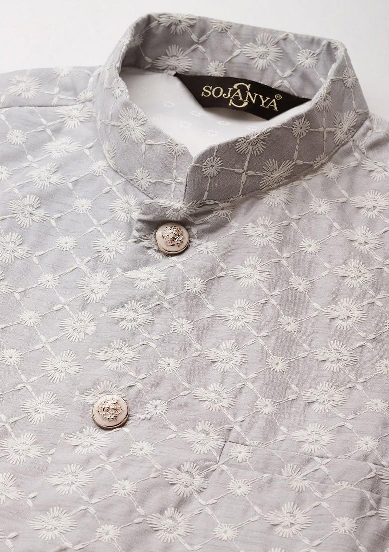 Yellow Thread Work Poly Blend Kurta Set For Men