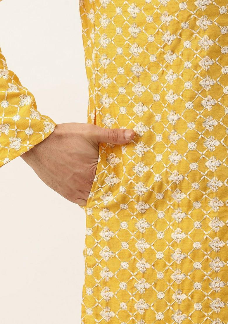 Yellow Thread Work Poly Blend Kurta Set For Men
