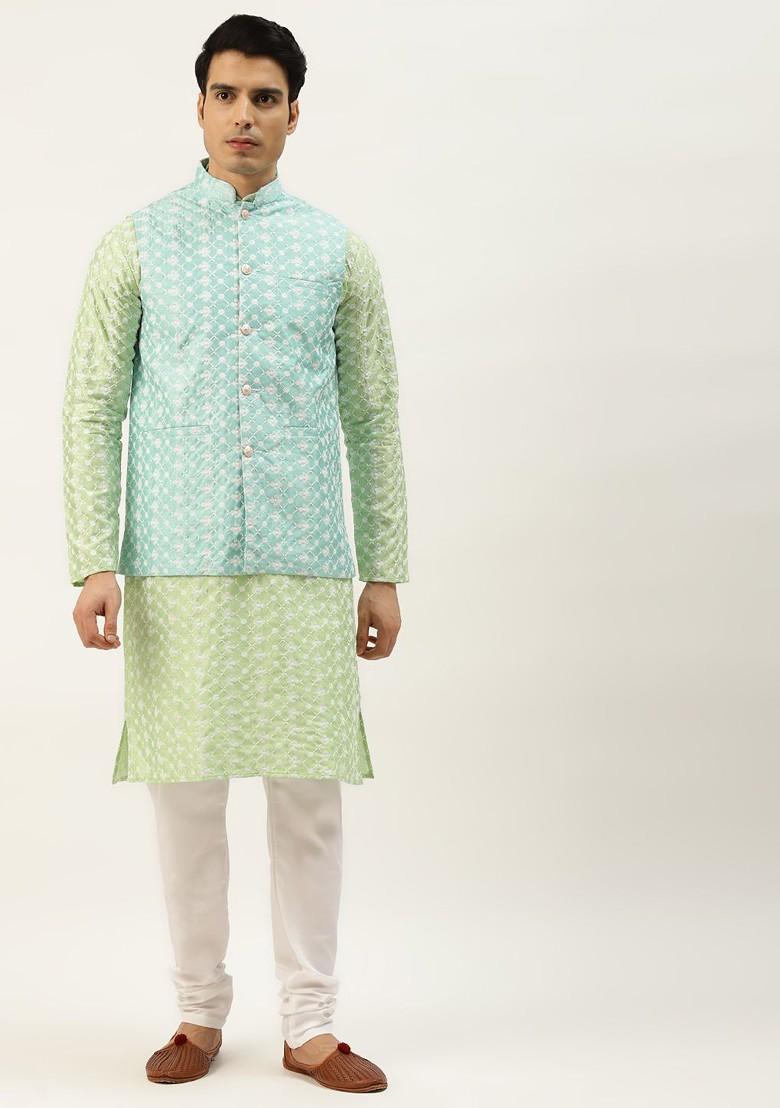 Blue Embroidered Poly Blend Kurta Set For Men