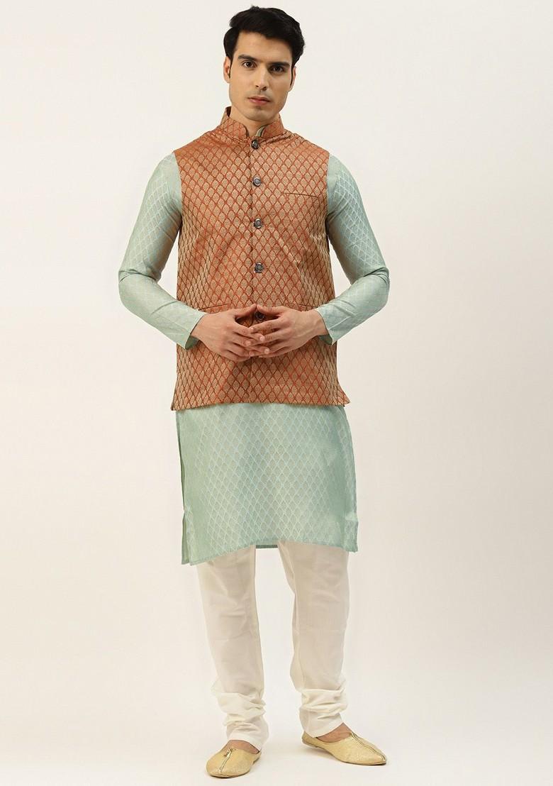 Rust Orange Ethnic Motifs Jacquard Kurta Set For Men