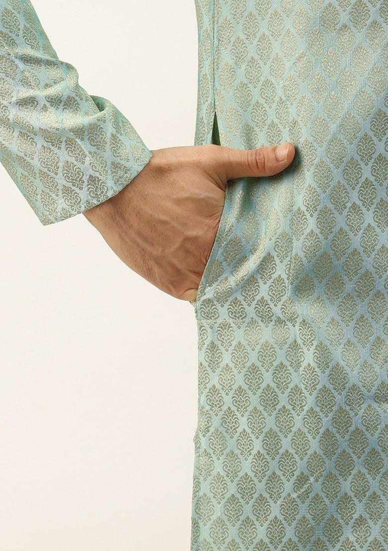 Rust Orange Ethnic Motifs Jacquard Kurta Set For Men