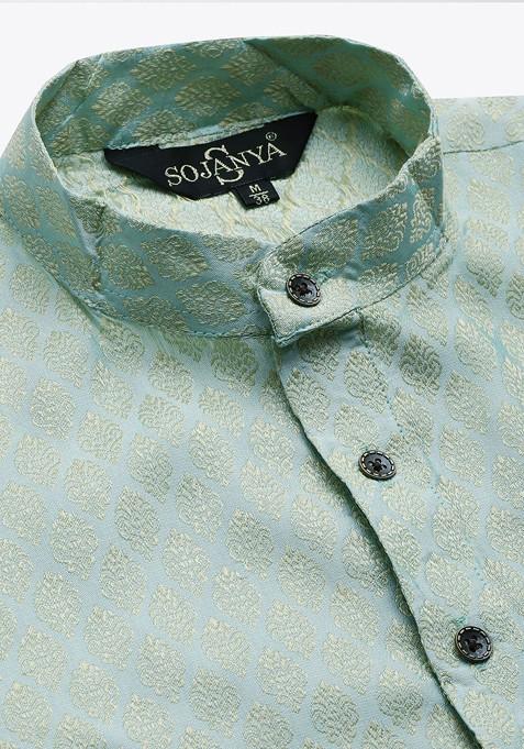 Rust Orange Ethnic Motifs Jacquard Kurta Set For Men