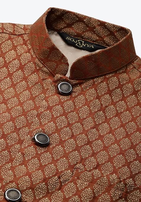 Rust Orange Ethnic Motifs Jacquard Kurta Set For Men