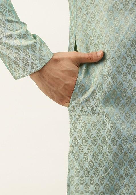 Rust Orange Ethnic Motifs Jacquard Kurta Set For Men