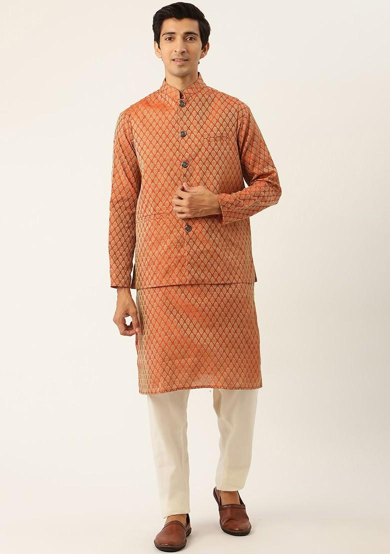 Rust Orange Solid Jacquard Kurta Set For Men