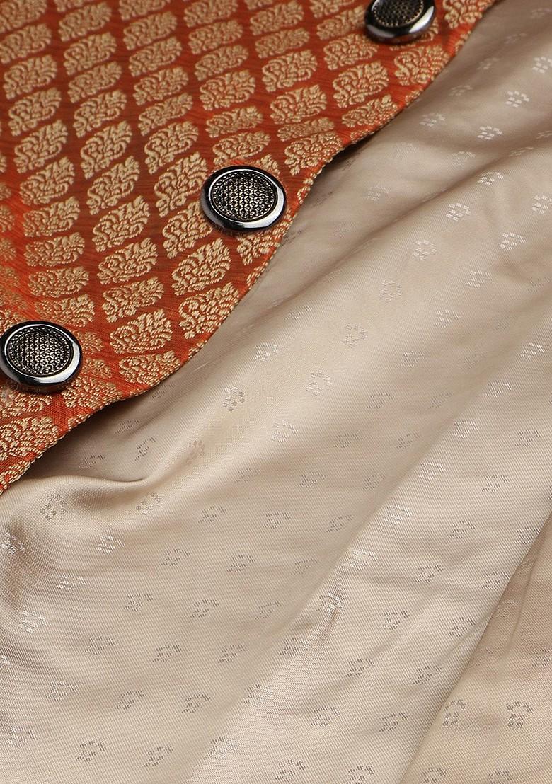 Rust Orange Solid Jacquard Kurta Set For Men