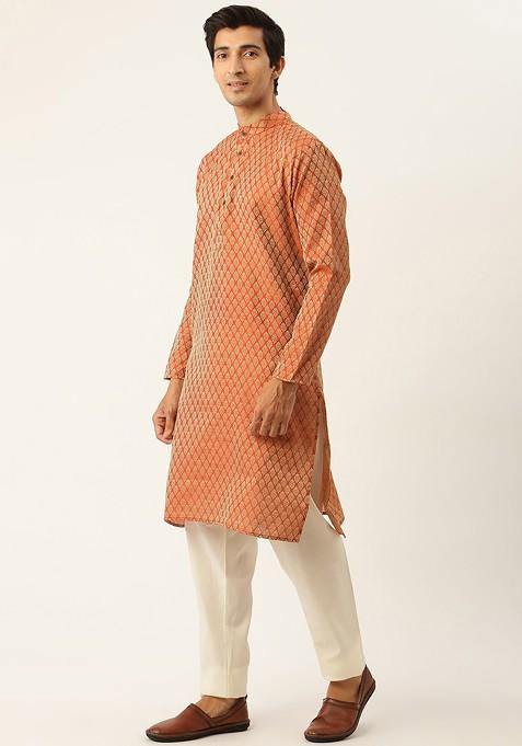 Rust Orange Solid Jacquard Kurta Set For Men