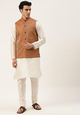 Off White Ethnic Motifs Poly Blend Kurta Set For Men