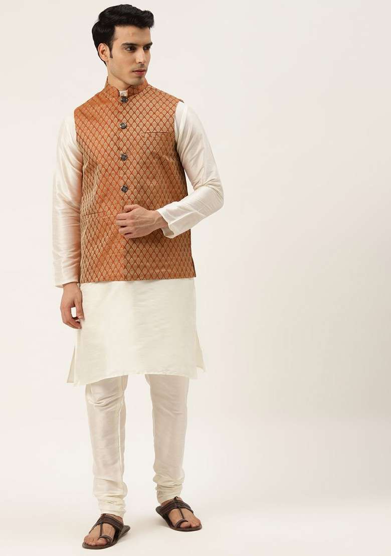Off White Ethnic Motifs Poly Blend Kurta Set For Men - Indya