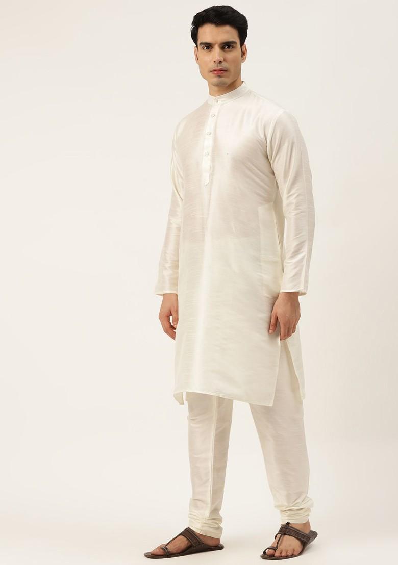 Off White Ethnic Motifs Poly Blend Kurta Set For Men
