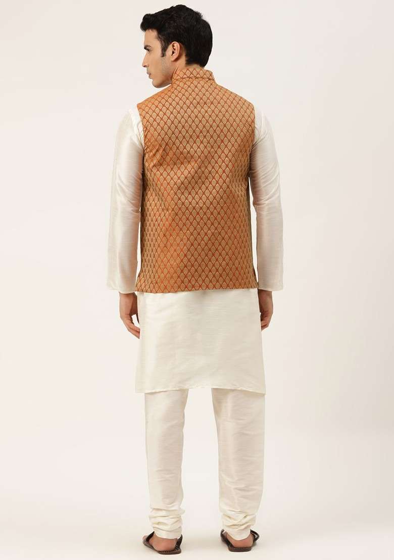 Off White Ethnic Motifs Poly Blend Kurta Set For Men - Indya