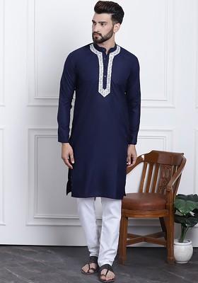 Navy Blue Yoke Design Cotton Kurta Set For Men