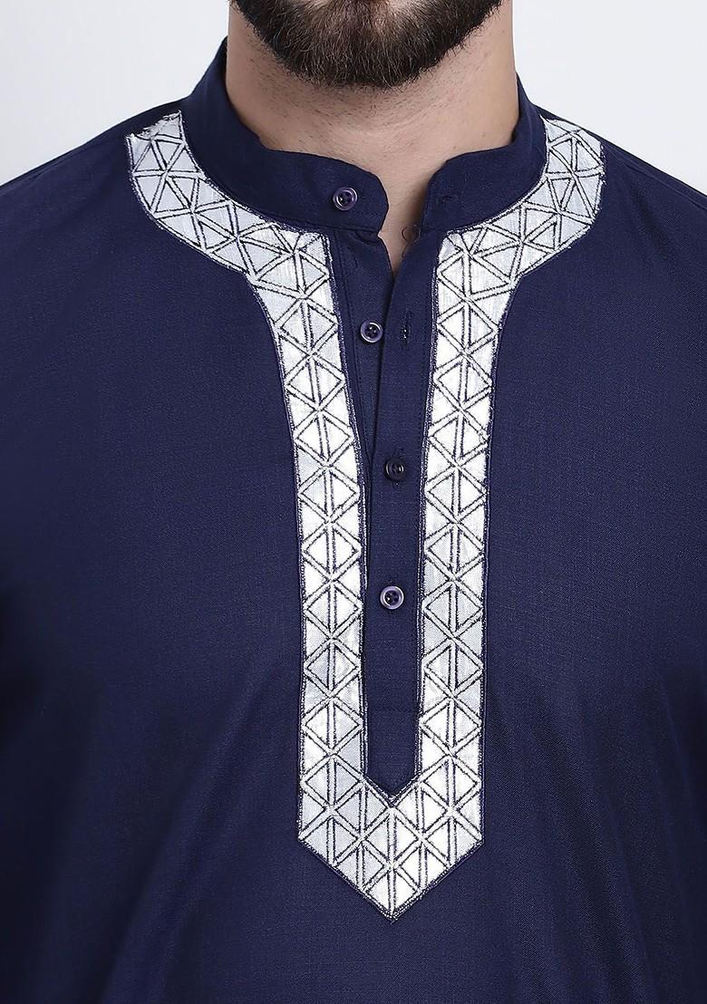 Navy Blue Yoke Design Cotton Kurta Set For Men