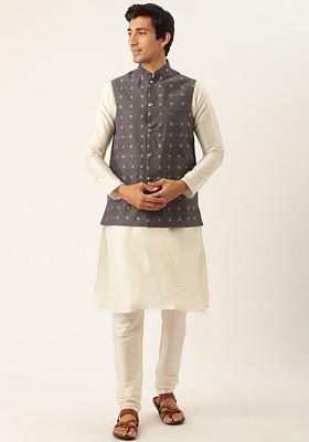 Off White Ethnic Motifs Poly Blend Kurta Set For Men