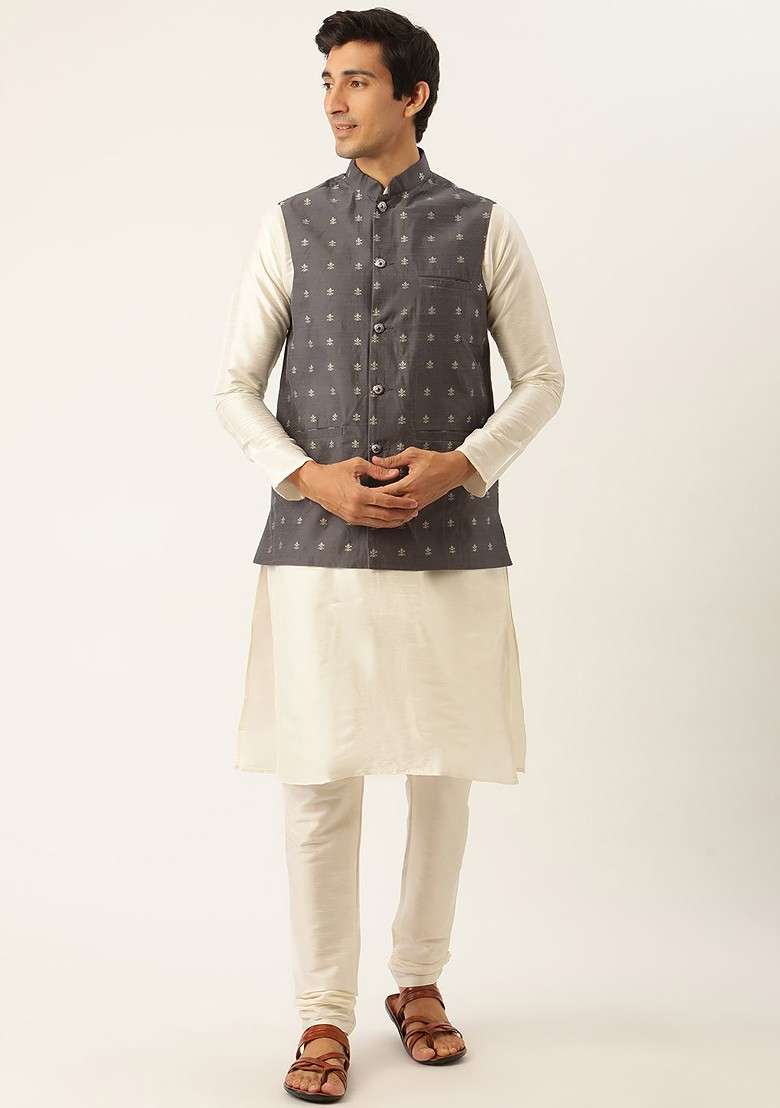 Off White Ethnic Motifs Poly Blend Kurta Set For Men - Indya