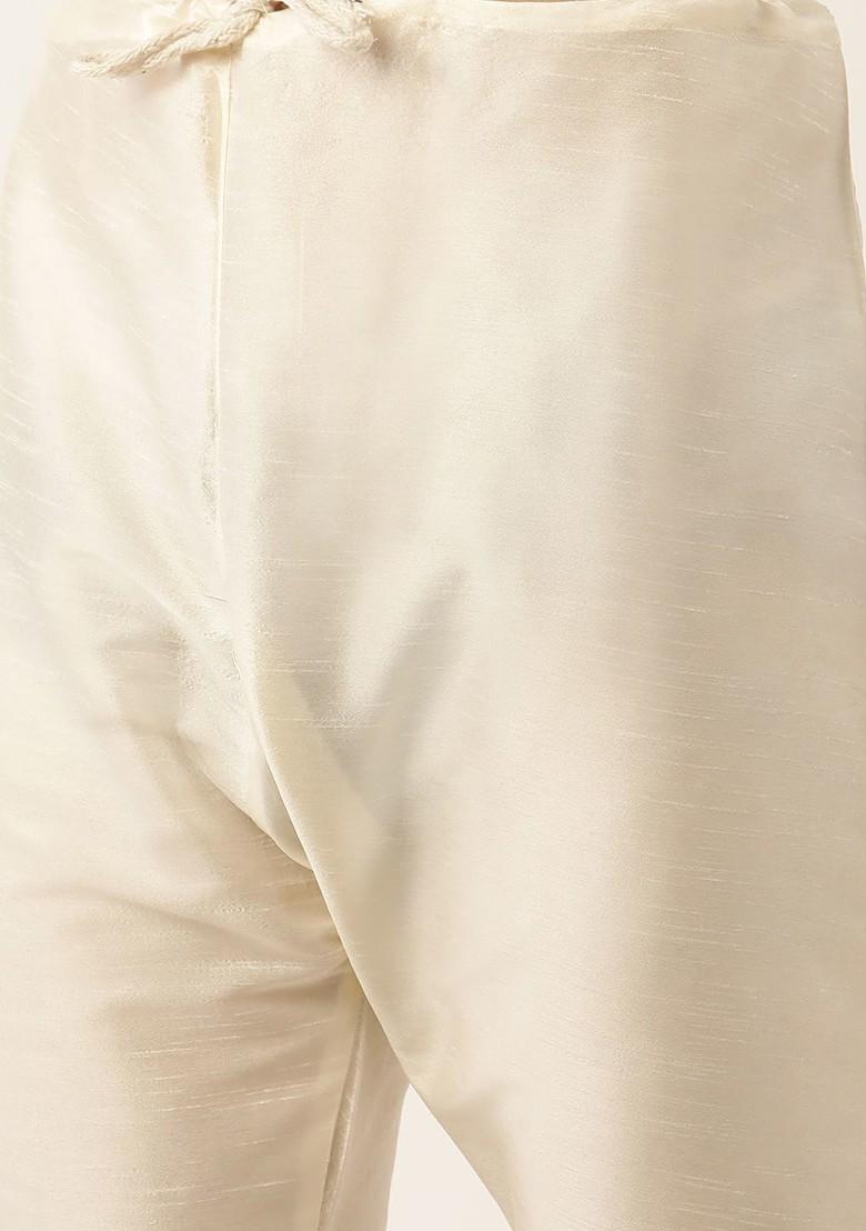 Off White Ethnic Motifs Poly Blend Kurta Set For Men